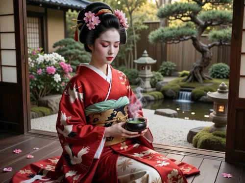 Photorealistic image of a beautiful young Japanese geisha sitting gracefully on the dark wooden engawa veranda of a traditional Japanese house in a serene zen garden. She has flawless white oshiroi makeup, subtle pink blush, and elegant red lips. Her eyes are gently closed in peaceful contemplation. Her glossy black hair is styled in an elaborate traditional geisha updo, richly adorned with pink cherry blossom kanzashi, red silk ribbons and golden hair ornaments. She wears a luxurious red silk kimono with intricate white and black crane embroidery and gold patterns, layered over a soft green and beige under-kimono, tied with a wide decorative obi. She holds a small dark ceramic matcha bowl with both hands, delicate steam rising from the hot green tea.

The background shows a meticulously maintained Japanese garden with raked white gravel, blooming pink and white azaleas, a moss-covered stone lantern, an old twisted pine tree, and a small waterfall into a pond. Warm golden hour sunlight filters softly through the green foliage, creating gentle highlights and peaceful shadows. Scattered pink flower petals lie on the wooden floor. Ultra realistic skin texture and makeup, intricate silk fabric details and folds, realistic steam, cinematic lighting, shallow depth of field, photorealistic, 8k resolution, masterpiece, best quality, highly detailed, tranquil Japanese atmosphere.