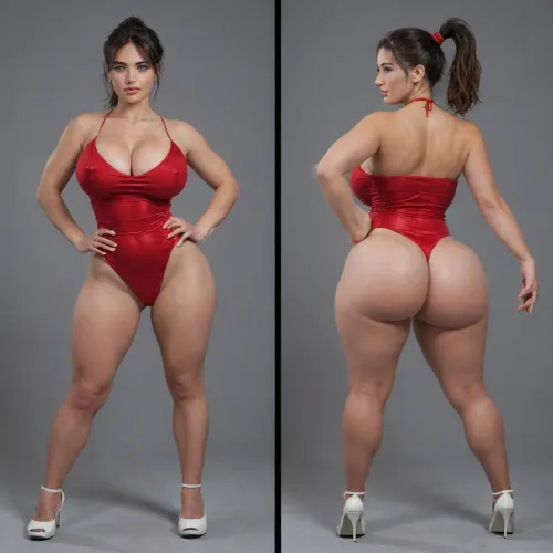 Sexy adult realistic illustration of a sultry, Voluptuous young woman, Photorealistic diptych portrait of the same curvy woman in, (two panels side-by-side:1.3), against a seamless studio background separated by a thin vertical gap, left panel full-frontal view, right panel full-back view, model wearing a form-fitting, (red:1.3), micro mini bodycon dress with deep V neckline, (large cleavage:1.3), (hyper erect nipples:1.3), in front and low scoop back, white high heels, left pose, confident stance, one hand on hip, other hand lightly touching collarbone, soft natural expression, subtle makeup, loose bangs framing face, right pose, hands on hips, hair pulled into a mid-height ponytail revealing back, weight shifted to one leg, even soft studio lighting, clean soft shadows, high detail skin texture, realistic cloth folds, accurate anatomy and proportions, cinematic color grading, ultra-detailed 4k photoreal, crisp edges, neutral tones, minimal post-processing., (detailed skin texture:1.2), soft expression, massive underbutt, (curvaceous body type:1.3), (huge round ass:1.3), (massive round ass:1.3), (bulging bubble butt:1.3), cleft ass, deep buttcrack, (suggestive pose:1.3), (8k, ultra sharp, professional), <lora:bottomheavy_v1_sdxl_LoRA:2>, <lora:BodyLicious:2>, <lora:4panel:.8>
