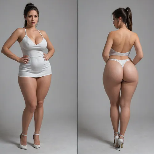 Sexy adult realistic illustration of a sultry, Voluptuous young woman, Photorealistic diptych portrait of the same curvy woman in, (two panels side-by-side:1.3), against a seamless studio background separated by a thin vertical gap, left panel full-frontal view, right panel full-back view, model wearing a form-fitting, (red:1.3), micro mini bodycon dress with deep V neckline, (large cleavage:1.3), (hyper erect nipples:1.3), in front and low scoop back, white high heels, left pose, confident stance, one hand on hip, other hand lightly touching collarbone, soft natural expression, subtle makeup, loose bangs framing face, right pose, hands on hips, hair pulled into a mid-height ponytail revealing back, weight shifted to one leg, even soft studio lighting, clean soft shadows, high detail skin texture, realistic cloth folds, accurate anatomy and proportions, cinematic color grading, ultra-detailed 4k photoreal, crisp edges, neutral tones, minimal post-processing., (detailed skin texture:1.2), soft expression, massive underbutt, (curvaceous body type:1.3), (huge round ass:1.3), (massive round ass:1.3), (bulging bubble butt:1.3), cleft ass, deep buttcrack, (suggestive pose:1.3), (8k, ultra sharp, professional), <lora:bottomheavy_v1_sdxl_LoRA:2>, <lora:BodyLicious:2>, <lora:4panel:.8>