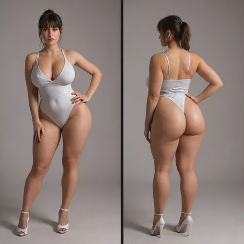 Sexy adult realistic illustration of a sultry, Voluptuous young woman, Photorealistic diptych portrait of the same curvy woman in, (two panels side-by-side:1.3), against a seamless studio background separated by a thin vertical gap, left panel full-frontal view, right panel full-back view, model wearing a form-fitting, (red:1.3), micro mini bodycon dress with deep V neckline, (large cleavage:1.3), (hyper erect nipples:1.3), in front and low scoop back, white high heels, left pose, confident stance, one hand on hip, other hand lightly touching collarbone, soft natural expression, subtle makeup, loose bangs framing face, right pose, hands on hips, hair pulled into a mid-height ponytail revealing back, weight shifted to one leg, even soft studio lighting, clean soft shadows, high detail skin texture, realistic cloth folds, accurate anatomy and proportions, cinematic color grading, ultra-detailed 4k photoreal, crisp edges, neutral tones, minimal post-processing., (detailed skin texture:1.2), soft expression, massive underbutt, (curvaceous body type:1.3), (huge round ass:1.3), (massive round ass:1.3), (bulging bubble butt:1.3), cleft ass, deep buttcrack, (suggestive pose:1.3), (8k, ultra sharp, professional), <lora:bottomheavy_v1_sdxl_LoRA:2>, <lora:BodyLicious:2>, <lora:4panel:.8>