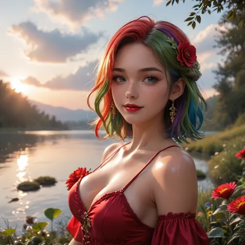 waist-high portrait, lush girl, long rainbow hair, red lips, seductive smile, lush breast, red silk sari, (shiny skin:1.5), (tanned body:1.3), lake, sky with clouds, sunset, ultradetalization