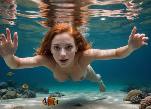 happy detailed face, redhead, breast, (medium breast:1.2), breast hanging down, (warm ambient light:.5), (shadows:.4), RAW image, Canon EOS R3, DSLR photo, 8k, best quality, (masterpiece:1.1), (realistic, photo-realistic:1.2), ultra high res, extremely beautiful woman, ((slim and thin)), (25 year old woman), nude, (Lying on the stomach), under water with arms and legs stretched out straight, diving at the ground of the ocean, Corals and colorful fish, clown fishes, sea turtle, <lora:chest_adjust:.8>