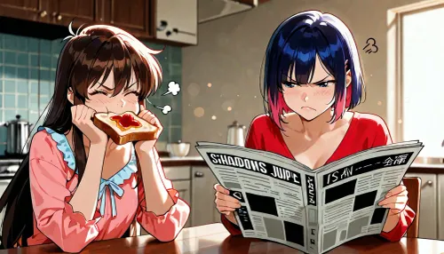 score_9, score_8 up, A masterpiece, the best quality, ultra-detailed hentai anime image, 2d_anime_style, flat_shading, cel_shading, clean_lineart, bold_lines, anime_screencap, retro_shonen_anime_style, expressive_faces, vibrant_flat_colors, simple_shadows, limited_palette, dynamic_pose, hand_drawn_style, crisp_edges

2girls, Two female flatmates in modest morning nightwear both seated at the kitchen table together. Girl A, wearing pink, is reading a large full‑size newspaper, absorbed in the article. Girl B, wearing blue, sits beside her, chewing loudly on toast, visual 'chew' noises emanating from toast, completely unaware, of how distracting she is, eyes part closed, blissful look, enjoying her toast. Girl A turns head towards Girl B and shoots Girl B the side‑eye, and screws up her face, (angry face), very annoyed at girl B. Photorealistic, soft cinematic lighting, rich colour depth, shallow depth of field, detailed clothing textures, natural skin tones, crisp highlights, gentle background bokeh, full‑frame realism.

anime_colour_grading, soft_flat_highlights, simple_background_detail, stylized_proportions, smooth_gradients
