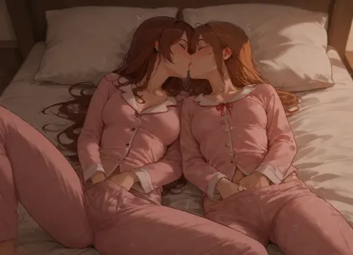 two women, lying together, small breasts, medium breasts, tall, short, wearing long pajamas, on bed, (), legs spread, masturbating, kissing, (hand in pants), leaking, drenched pants, hips up, squirming, sweaten, trembling