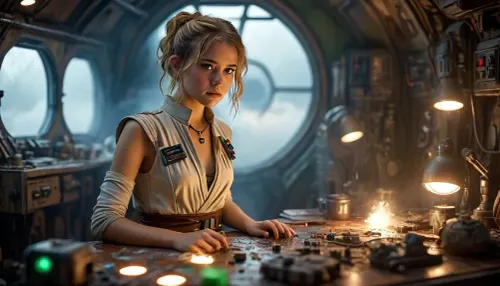 Star Wars Style, female 18 year old petite Jedi, repairing stuff at messy table, in a messy common room, inside Millennium Falcon, slender, slim waist, short blonde messy hair, flat breasted, tanned skin, lucky charm necklace, beautiful brown leather belt, space tunic, perfect face, perfect hands, glass on table, extremely steaming green liquid, R2-D2, dejarik, 8k, high resolution, TIE, fighter, neon_style, cloudy, smoke, atmospheric, clouds, fog, <lora:TIE fighter:.8>, <lora:MJ52:.8>, <lora:Cloudy_Style:1.1>, look at viewer