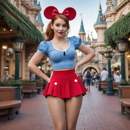 cinematic still, high resolution, realistic face, slender 28 yo girl, redhead, ponytail, mini mouse disguise, lifted skirt, showing panties, brown pantyhose, high heels, posing, spreading legs, in disneyland