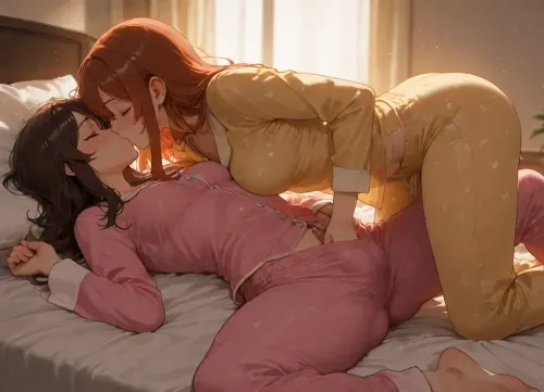 two women, lying together, small breasts, medium breasts, tall, short, wearing long pajamas, on bed, (), legs spread, masturbating, kissing, (hand in pants), leaking, drenched pants, hips up, hugging, one on top on the other