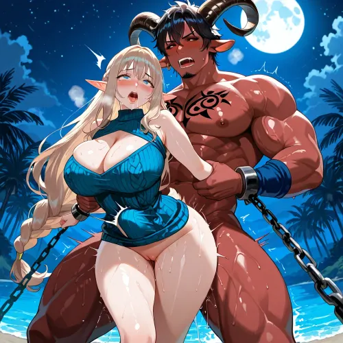 score_6, original, milf, mature female, woman small body, (long light brown hair with blong highlights), (very short elf ears), (black sclera with bright light blue iris), messily braided plait over her shoulder, beautiful eyes, sensual mouth, medium-sized breasts, ((woman with no horns)), blush, big ass, .

blue knitted sleeveless sweater dress with cleavage, dress with tribal pattern, luminous blue bangles, .

giant male, (giant male with goat horns), (muscular man, man with dark red skin, man with long black hair, man has goatee), very huge cock, .

mirror-smooth water surface, night, full moon, lagoon, perfectly closed pussy, stomach bulge, screaming, trembling, teary eyed, woman is chained to man´s body, ((woman's arms are chained to man´s back)), man grabs woman's breasts, woman is man´s onarmor, chain, huge size difference between man and woman, bound, huge cow cock anal, .

sensual mouth, Perfect face, perfect body, perfect eyes, perfect pupils, perfect fingers, round ass, (High, Resolution), (More, Details), (8K), DauntlessXL, Style, Fleshy, lips, Puffy, Detailed, wide, onarmor, meatshield, fannypacking, <lora:torino-XL-v2-ep20:.7>, <lora:DauntlessMixSDXL:.7>, <lora:Lips._Fleshy_lips_Anime-000009:.8>, <lora:ClearKing_XL_v1_AutoRunMech:.8>, <lora:onarmor_xl:.8>
