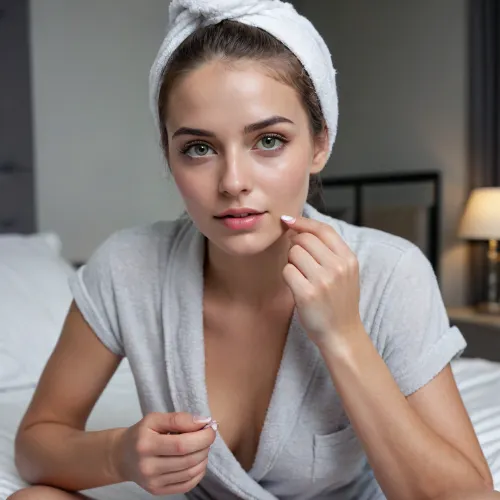 high resolution, high contrast picture, ultra realistic, high details on face, realistic face, small round chested, wet skin, white towel on head, light grey pyjama, sitting on bed, applying nail polish on toenails, makeup, feets visible