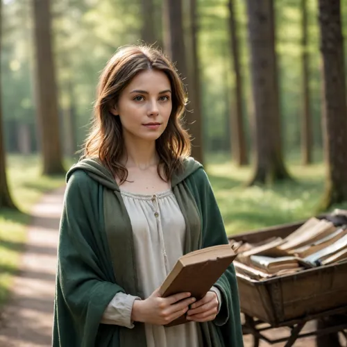 Light forest, bright sunlight, slender 30 years old woman, messy brown hair, simple tunic, washed green cloak, broken cart in background, women holding book in hands, small breasts