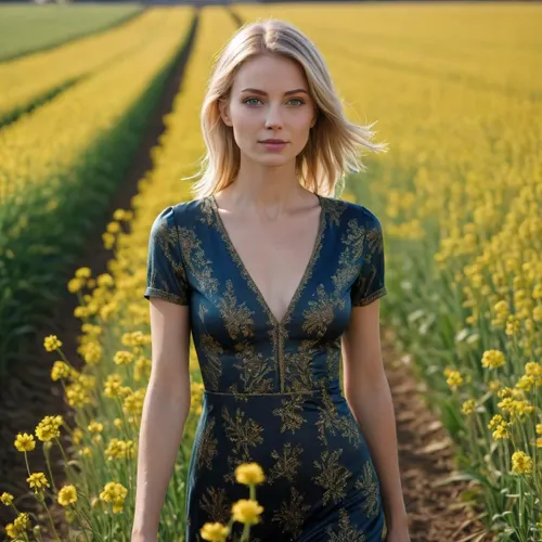yellow grain field, bright sunlight, slender 30 years old woman, straight blonde hair, green eyes, dark blue tight silk dress, short sleeves, golden flower pattern, braless, small breasts, bare feet, dress in color contrast with background, low neckline