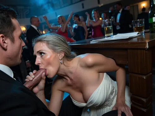 An elderly woman of 70, (kneeling under a table:1.6), (performing fellatio on a seated man:1.2), wearing an elegant white dress that reveals a large breast, looking upwards, sweating, hair disheveled, fellatio, blowjob, (the man watches her:1.4), she hides under the table, several drunken guests dancing in the blurred background, ballroom, top view, dark cinematic lighting, tense but charismatic atmosphere, crowd, of, people, cloudy, smoke, atmospheric, clouds, fog