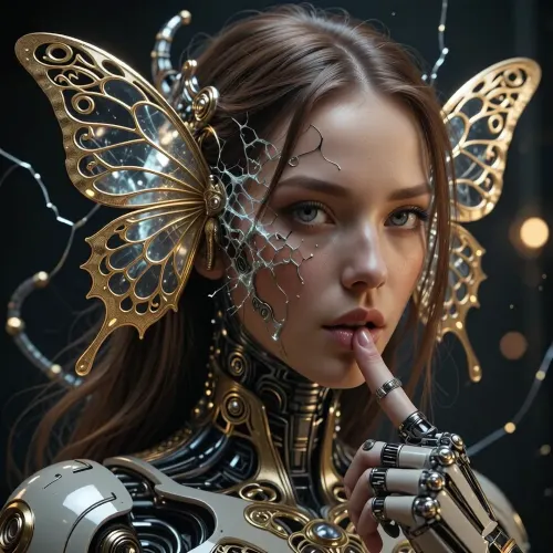 photo, 8k portrait of beautiful cyborg with brown hair, intricate, elegant, highly detailed, majestic, digital photography, art by artgerm and ruan jia and greg rutkowski surreal painting gold butterfly filigree, broken glass, (masterpiece, sidelighting, anal fingering, finely detailed beautiful eyes:1.2), hdr, realistic, high definition