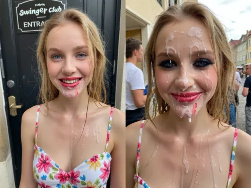 Split screen. Same girl each photo. Instagram influencer style portrait, ultra-realistic, candid amateur photo, natural lighting, candid pose. First screen, Young happy blonde with blue eyes wearing nice summerdress with flower print, standing before black door with sign "swinger Club ENTRANCE" full body view. Second screen same young blonde läuft eine belebte straße in Würzburg entlang, sie trägt das selbe kleid, dass nass und voll mit klebrigem sperma ist, ihr makeup ist komplett zerstört, ihr schwarzes augen-makeup ist verschmiert, der schwarze mascara läuft in langen glänzenden bahnen ihre wangen hinunter, ihr roter lippenstift ist verschmiert und schatten von roter farbe umringen ihren leicht geöffneten mund voller sperma, das sperma ist ultra-realistisch und korrekt beleuchtet, ihr gesicht ist voll mit sperma, ihre blonden haare sind feucht und verklebt mit einer weißen, durchsihtigen flüssigkeit, auch ihr gesicht wirkt stark verklebt und matte und glänzende flächen wechselns sich ab, sie sieht erschöpft und angeekelt aus, dennoch versucht sie zu lächelm, die menschen um sie herum schauen sie angewidert an, full body view .