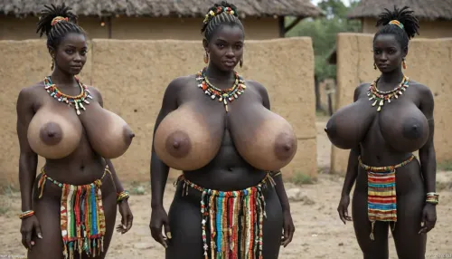 (an African tribe only of absolutely black skinned female tribal women:1.95), (very overflowing gigantic very saggy breasts:1.95), Tribal village square, African tribal updo hairstyle, rich decorated African traditional tribal jewelry, (colorful African traditional tribal fur clothes:1.65), (very gigantic overflowing colorful low cut cleavage:1.05), presenting bosom, wide hips, small waist, very hairy pussy, clothed, nudity, loincloth, colorful kanga, colorful gomesi, colorful kitenge, colorful sarong, proud, arrogant