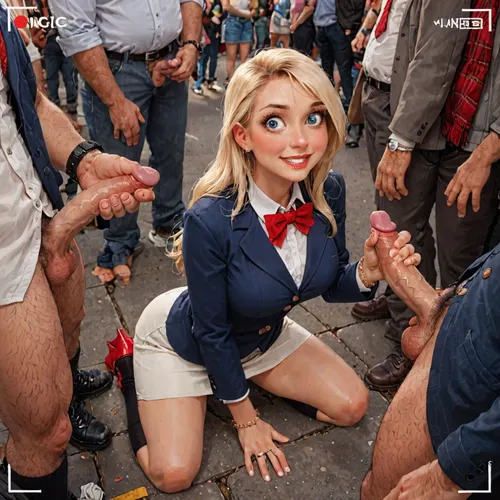 (reiq meets innv and Jack cayless art style), (Incase style:1.2), ((30 years old woman)), (mature adult face:1.6), (small cock:1.4), Nsfw, from side, from above, gangbang, enf, perfect face, (old French girl face:1.2), masterpiece, big eyes, (wide-eyed), (the girl is 50 Years old French girl dressed in no panties and white skirt, Navy blue blazer:1.3), white shirt and red bow tie and Black socks and red shoes and Silver ring bracelet, (nude), blue eyes, (blonde hair:1.3), (forehead:1.3), (swept bangs:1.4), natural big breast, long hair, (natural straight hair:1.3), ((handjob)), (shocking:1.2), blushing, French face, long shot, city street, (recording:1.2), (homeless man), (homeless oldmen crowd:1.4), (homeless man is excessive forced sex:1.3), (the smiling man is dressed:1.4), skin texture, futuristic-fantasy-anime, incase, style, <lora:sd_xl_turbo_lora_v1-64dim:2>, <lora:futureistic_fantasy_anime_sdxl_v1:2>, <lora:Incase_Style__SDXL:2>