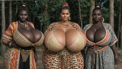 (an African tribe only of absolutely black skinned female tribal women:1.95), (very overflowing gigantic massive very saggy breasts cleavage:1.95), Tribal village square, African tribal updo hairstyle, rich decorated African traditional tribal jewelry, (colorful African traditional tribal fur clothes:1.55), (very gigantic massive overflowing colorful low cut cleavage:1.05), presenting bust, wide hips, small waist, very hairy pussy, (fully clothed, no nudity:2), loincloth, colorful kanga, colorful gomesi, colorful kitenge, colorful sarong, proud, arrogant, slutty, sloppy
