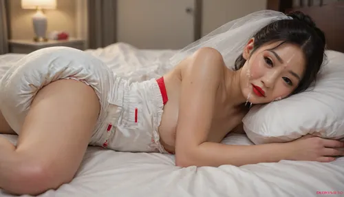 30 year old, cute older bride, (Asian:2), cumbucket, lying on the bed with her bridal veil, (Bright red lipstick:1.3), (((leaking messy adult diaper))), cum on face, cum on tits, portrait, from side, (hand down diaper:1.5), looking at the cam, taken by professional photographer, cinematic dark lightning, luxury hotel room, nip slip