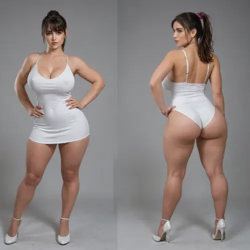 Sexy adult realistic illustration of a sultry, Voluptuous young woman, Photorealistic diptych portrait of the same curvy woman in, (two panels side-by-side:1.3), against a seamless studio background separated by a thin vertical gap, left panel full-frontal view, right panel full-back view, model wearing a form-fitting, (red:1.3), micro mini bodycon dress with deep V neckline, (large cleavage:1.3), (hyper erect nipples:1.3), in front and low scoop back, white high heels, left pose, confident stance, one hand on hip, other hand lightly touching collarbone, soft natural expression, subtle makeup, loose bangs framing face, right pose, hands on hips, hair pulled into a mid-height ponytail revealing back, weight shifted to one leg, even soft studio lighting, clean soft shadows, high detail skin texture, realistic cloth folds, accurate anatomy and proportions, cinematic color grading, ultra-detailed 4k photoreal, crisp edges, neutral tones, minimal post-processing., (detailed skin texture:1.2), soft expression, massive underbutt, (curvaceous body type:1.3), (huge round ass:1.3), (massive round ass:1.3), (bulging bubble butt:1.3), cleft ass, deep buttcrack, (suggestive pose:1.3), (8k, ultra sharp, professional), <lora:bottomheavy_v1_sdxl_LoRA:2>, <lora:BodyLicious:2>, <lora:4panel:.8>