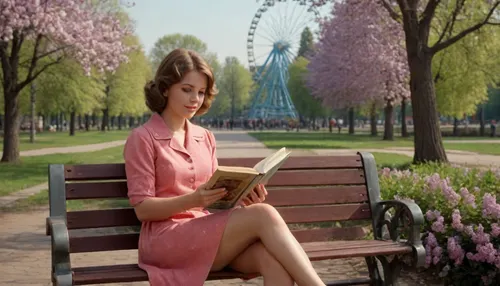 (1970s in the USSR), (Masterpiece, ultrarealistic, hiperrealistic, best quality, high definition, ultra-detailed, highly detailed photorealistic background), beautiful soviet student reads a book while sitting on vintage park bench in old soviet style under a blooming lilac bush in an ancient park, ferris wheel on the horizon, amusement park setting and entourage as background., (USSR epoch, soviet poster art style, Soviet advertising art style, 1970s analog photo for soviet magazine, 1970s atmosphere)
