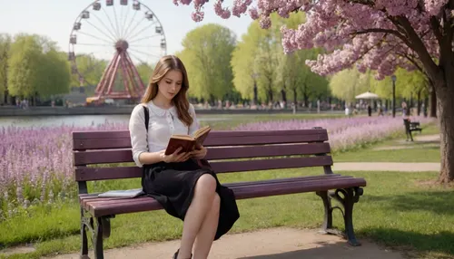 beautiful student reads a book while sitting on vintage park bench in old soviet style under a blooming lilac bush in a park, ferris wheel on the horizon, amusement park setting and entourage as background