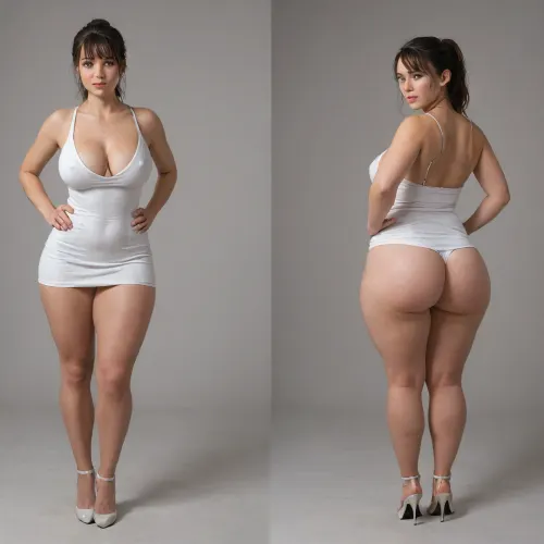 Sexy adult realistic illustration of a sultry, Voluptuous young woman, Photorealistic diptych portrait of the same curvy woman in, (two panels side-by-side:1.3), against a seamless studio background separated by a thin vertical gap, left panel full-frontal view, right panel full-back view, model wearing a form-fitting, (red:1.3), micro mini bodycon dress with deep V neckline, (large cleavage:1.3), (hyper erect nipples:1.3), in front and low scoop back, white high heels, left pose, confident stance, one hand on hip, other hand lightly touching collarbone, soft natural expression, subtle makeup, loose bangs framing face, right pose, hands on hips, hair pulled into a mid-height ponytail revealing back, weight shifted to one leg, even soft studio lighting, clean soft shadows, high detail skin texture, realistic cloth folds, accurate anatomy and proportions, cinematic color grading, ultra-detailed 4k photoreal, crisp edges, neutral tones, minimal post-processing., (detailed skin texture:1.2), soft expression, massive underbutt, (curvaceous body type:1.3), (huge round ass:1.3), (massive round ass:1.3), (bulging bubble butt:1.3), cleft ass, deep buttcrack, (suggestive pose:1.3), (8k, ultra sharp, professional), <lora:bottomheavy_v1_sdxl_LoRA:2>, <lora:BodyLicious:2>, <lora:4panel:.8>