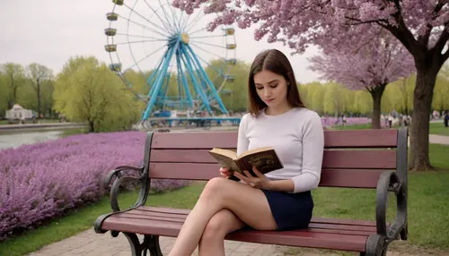 beautiful student reads a book while sitting on vintage park bench in old soviet style under a blooming lilac bush in a park, ferris wheel on the horizon, amusement park setting and entourage as background