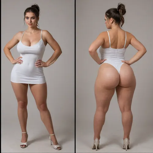 Sexy adult realistic illustration of a sultry, Voluptuous young woman, Photorealistic diptych portrait of the same curvy woman in, (two panels side-by-side:1.3), against a seamless studio background separated by a thin vertical gap, left panel full-frontal view, right panel full-back view, model wearing a form-fitting, (red:1.3), micro mini bodycon dress with deep V neckline, (large cleavage:1.3), (hyper erect nipples:1.3), in front and low scoop back, white high heels, left pose, confident stance, one hand on hip, other hand lightly touching collarbone, soft natural expression, subtle makeup, loose bangs framing face, right pose, hands on hips, hair pulled into a mid-height ponytail revealing back, weight shifted to one leg, even soft studio lighting, clean soft shadows, high detail skin texture, realistic cloth folds, accurate anatomy and proportions, cinematic color grading, ultra-detailed 4k photoreal, crisp edges, neutral tones, minimal post-processing., (detailed skin texture:1.2), soft expression, massive underbutt, (curvaceous body type:1.3), (huge round ass:1.3), (massive round ass:1.3), (bulging bubble butt:1.3), cleft ass, deep buttcrack, (suggestive pose:1.3), (8k, ultra sharp, professional), <lora:bottomheavy_v1_sdxl_LoRA:2>, <lora:BodyLicious:2>, <lora:4panel:.8>