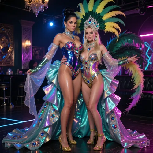 best quality, (a milf stepmother and her 22yo adult stepdaughter, bffs, sluts), (posing on the dancefloor of a posh nightclub), (woman1 is a very tall and skinny-athletic 37yo half English half Vietnamese lawyer:1.3), (woman1 has jet-black hair in an elaborate high updo), (women2 is a shorter pawg fun and adventurous 21yo English student:1.3), (woman2 has long creamy blonde hair), (both have toned legs:1.3), Both are wearing an ultra-glam sequined Brazilian Carnival costume with plunging cleavage in electrifying colors with a high-gloss wetlook finish, glowing under vivid neon lighting. Sculpted corset-style bodice made of radiant lacquered satin, drenched in rhinestones, ruby crystals, sequins, glittering metallic beading, and reflective wet-shine accents that intensify the neon glow. Long flowing angel sleeves of sheer sparkling chiffon with glossy, liquid-like shimmer.

Massive showgirl puffball skirt and feathered backpiece transformed with wetlook coating and iridescent neon edges, layered satin ruffles, jeweled embroidery, and a dramatic crystal-studded train that glows under ultraviolet and neon highlights. Oversized showgirl headdress, towering green-and-yellow ostrich plumes with neon tips, rhinestone detailing, and a gem-encrusted crown base emitting soft neon reflections.

Accessories include glossy satin opera gloves with wetlook sheen, huge rhinestone chandelier earrings, neon-reactive gemstone necklaces, glittering bracelets, sequined golden louboutin stiletto high heels. Added elements, glowing feather plumes, sparkling fringe that flickers with neon bursts, reflective crystal accents, and stage-flare gleam effects. Overall aesthetic, hyper-luminous, futuristic, electrified showgirl glamour—classic Vegas meets neon nightclub fantasy. Shot with dramatic neon stage lights, wet-shine reflections, UV glow, and hyper-detailed textures.

She is looking straight at the viewer., (Happy:3), They are standing very upright, breasts out, close together, shoulders touching, (smiling), happy. woman1 puts her arm around woman2's shoulders., Woman1 is very proud of woman2., ((both have athletic bodies:1.3)), (((both have beautiful faces:1.3))), (both are posing in a dynamic pose, legs spread, enjoying themselves), (smokey eyes:1.4), (tanned skin:1.5), (blue eyes:1.3), (luxury:1.9), (perfect body:1.9), (glamour:1.9), (((show tits))), ((spreading legs:1.3)), (((show pussy:1.1))), (pubic hair is shaved into a triangle:1.2), ((front view, full body photo)), close up, (huge massive perky breasts)