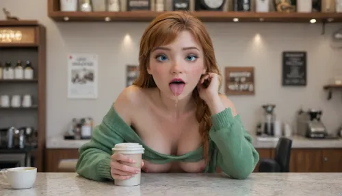 ultra realistic 8k cg, picture-perfect face, (Anna from frozen:1.6), masterpiece, cinematic lighting, 25 years old, underboob, crop top, off shoulder, freckles, shoulder freckles, (green sweater exposed breasts), medium tits, no pants, no panties, thigh high stockings, in coffee shop, bent over coffee counter, orange hair, messy long hair, facing camera coffee, shop, fluxenh4nce, FLUX.1, cinematic, style, ImgFixerPre0.8, anna, tongue, out, ahegao, drool, <lora:JJsCoffee_Shop_XL:.8>, <lora:FLUXEnh4nce:.8>, <lora:FLUX.1 cinematic style v2:.8>, <lora:Anna:1.1>, <lora:ahegao_sdxl_v4:1.7>