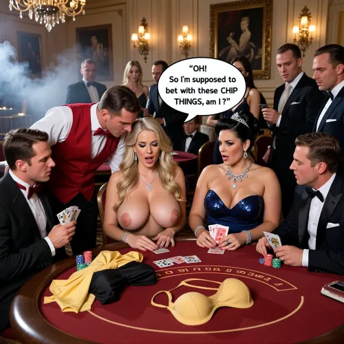 At an opulent Monte Carlo Casino hall a naked woman is playing cards with three men and one other fully dressed woman, all seated around the table, the croupier is standing next to the naked woman. The hall has a smoky atmosphere, is lit with chandeliers and has expensive artwork on the walls. All the players are holding cards. the naked lady is a stunningly beautiful blonde, long wavy hair, wearing just a necklace and earrings, massive gigantic tits. The fully dressed fat woman is in a dark blue evening gown with sequins, low neckline, black beehive styled hair with a small tiara, lots of jewellery. The men are all in evening suits. The croupier is wearing a red waistcoat over a white shirt and a red bow tie. In the centre of the table alongside the remaining cards are the naked ladies yellow dress, black panties and big cupped bra. In front of each player, including the naked lady there are small piles of gambling chips. Several people are standing and watching the game both male and female all smartly dressed for the evening. The croupier is leaning over to whisper to the naked lady seated beside him. She exclaims, speech bubble “OH! So I’m supposed to bet with these CHIP THINGS, am I ?”, focus on the naked woman, realistic, chiaroscuro