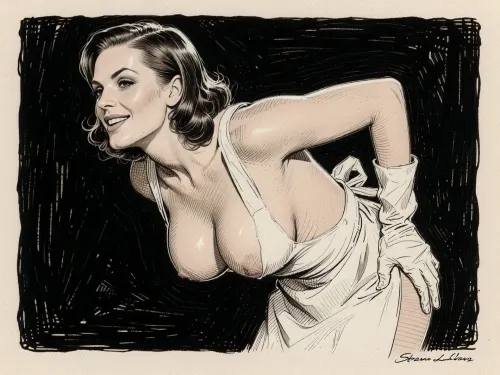 (Line art:2), (monochrome sepia ink drawing, no other color:2), (black and white:2), (ultra stylized dark background:1.3), 1woman., 2/3 side view, full body drawing of a 1950's middle-class lady, 30 years old, 1950s style, 1950s style brunette hair, smirking, (playing coy, but horny as hell:1.5), sharp angular facial features, long pointed chin, narrow nose, large nose, wearing a full-sized white apron covering her entire upper body and also most of her big torpedo breasts, sideboob, rubber gloves, bending forward, intentionally causing an overboob, stylized sepia ink drawing, pen and ink technique, with cross-hatching and line work. Style of Stramaglia. Style of Bruno LeCoq. Style of Gotha. Drawn using line drawing and cross-hatching techniques to create volume, depth, and shadows. Drawn on textured paper. Fine lines and shading are visible throughout the drawing. Pen and ink style. Fine marine ink, fine pen and ink lines, surgical precision strokes in the fine details and firmness in the details of the thicker lines. Precise pen shading, ink drawing.
