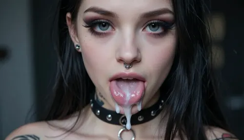 a goth girl has her mouth slightly open and completely full of cum, she can barely keep the massive amount of cum inside her mouth, she is incredibly beautiful, she has a very cute face, goth makeup and piercings, she wears a choker, doll face, full body picture, Canon EOS 5D Mark II, kodak, photo, tattoo, pale, cold, lighting