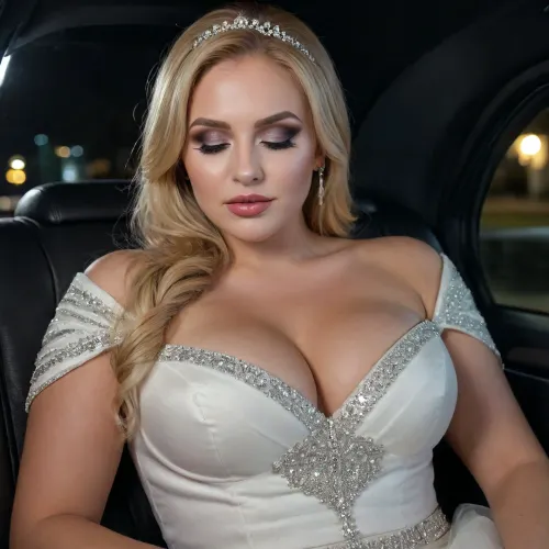 (masterpiece, best quality:1.2), photorealism, studio photo, bautiful russian woman, 30 years old, curvy, (busty), long blonde hair, (heavy makeup:1.4), bride, tight wedding outfit, at night, sitting on black backseat of a limousine, leaning back, (sleeping:1.3), <lora:SDXLHighDetail_v6-000005:2>