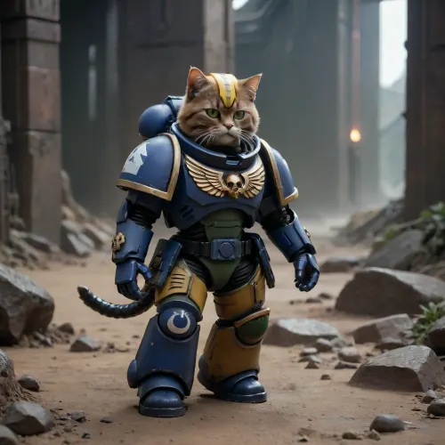 A Rocky strange landscape on an alien planet in space. A cute cat walking upright. Warhammer 40k cat, ultramarines, walking on two feet.A very grimm looking tabby female cat, european shorthair, (very dark brown-grey short fur, green yellow eyes), in a toy spacesuit with astronaut helmet. ktt, Knight, armor, holding, bolter, power, sword, primaris, helmet, <lora:Kitty LoRA - Trigger with KTT Artstyle:.9>, <lora:primaris_marine-knight_armor-000007:1.5>, liminal, <lora:EnvyLiminalXL01:.8>