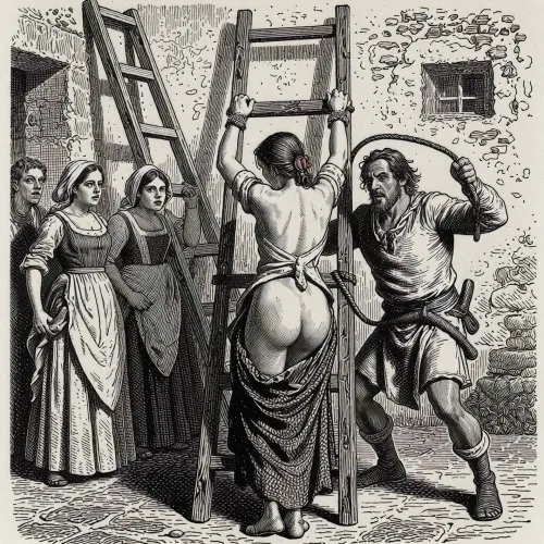 A dramatic black-and-white illustration depicts a tense, historical scene in a rustic courtyard. The composition centers on a group of five figures in period attire, rendered in a detailed, cross-hatched engraving style reminiscent of 19th-century book illustrations. A woman stands with her back to the viewer, facing a wooden latter. the ladder leans at a wall in the background. both arms are raised and bound to a wooden ladder, suggesting a punishment or public display. Her dress is ripped open, her back is visible. To her right, a man in a simple tunic and breeches aggressively swings a whip, his face contorted in a menacing expression. Three onlookers, two women and a man, stand in the background, their faces show alarm and distress, with wide eyes and open mouths. The figures wear modest, layered clothing—long skirts, headscarves, and simple tunics—indicative of a lower-class rural setting. The setting is an outdoor courtyard with a weathered stone wall and a small window, rendered with textured lines to convey age and roughness. The lighting is stark and directional, creating strong contrasts and deep shadows that heighten the scene’s dramatic tension. The overall style is highly detailed and narrative-driven, with dynamic poses and expressive gestures that convey urgency and emotion.