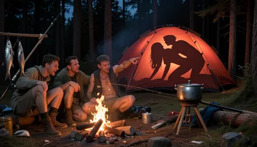Campfire laughter, secret tent light