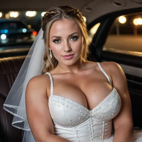 (masterpiece, best quality:1.2), photorealism, studio photo, beautiful serbian woman, 30 years old, (big breasts:1.2), (round breasts:1.2), long hair, brown hair with blonde strands, braided hair, tanned skin, (glamour makeup:1.2), bride, luxury wedding dress, sitting on black backseat of a limousine, at night, seductive smile, looking at viewer, uberfit, muscular, athletic, <lora:SDXLHighDetail_v6-000005:1.5>, <lora:uberfit_lora_sdxl:.8>