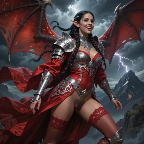 A cinematic wide shot, (beautiful elvish princess in intricate silver filigree armor flying a massive red dragon:1.3), elegant elven features, luminous skin, braided silver in her dark hair, ornate filigree armor, flowing red silk robes, pointed ears, regal posture, joyful expression on beautiful face, dark tan skin, braided black hair, red silk bodice, red lace stockings, red lace garter belt, elegant, plumb pussy with little public hair slightly exposed on side of dress, dynamic pose, elf ears, perfecteyes, in full view, .

Oil painting style, Greg Rutkowski inspired, ethereal, cinematic lighting, hyper-realistic, 8k resolution, intricate detail, high fantasy aesthetic, silhouetted against a dramatic stormy sky with lightning striking a mountain top