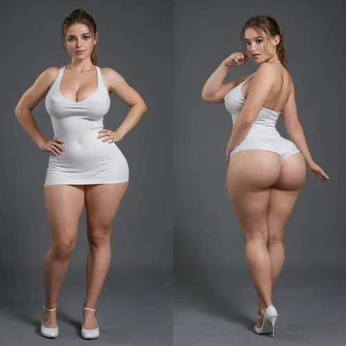 Sexy adult realistic illustration of a sultry, Voluptuous young woman, Photorealistic diptych portrait of the same curvy woman in two panels side-by-side against a seamless studio background separated by a thin vertical gap, left panel full-frontal view, right panel full-back view, model wearing a form-fitting, (red:1.3), micro mini bodycon dress with deep V neckline, (large cleavage:1.3), (hyper erect nipples:1.3), in front and low scoop back, white high heels, left pose, confident stance, one hand on hip, other hand lightly touching collarbone, soft natural expression, subtle makeup, loose bangs framing face, right pose, hands on hips, hair pulled into a mid-height ponytail revealing back, weight shifted to one leg, even soft studio lighting, clean soft shadows, high detail skin texture, realistic cloth folds, accurate anatomy and proportions, cinematic color grading, ultra-detailed 4k photoreal, crisp edges, neutral tones, minimal post-processing., (detailed skin texture:1.2), soft expression, massive underbutt, (curvaceous body type:1.3), (huge round ass:1.3), (massive round ass:1.3), (bulging bubble butt:1.3), cleft ass, deep buttcrack, (suggestive pose:1.3), (8k, ultra sharp, professional), <lora:bottomheavy_v1_sdxl_LoRA:2>, <lora:BodyLicious:2>, <lora:4panel:.8>