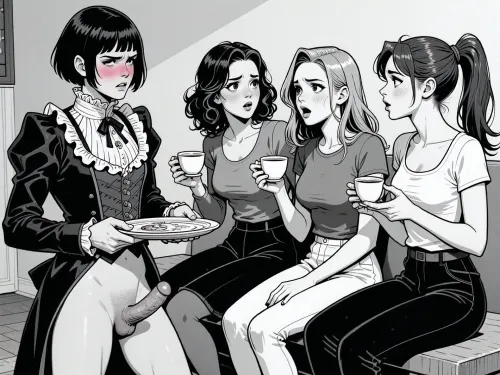 A black-and-white comic panel in a bold, expressive cartoon style, depicting three women and one man in a dramatic social interaction. On the left, a man with short, dark, bobbed hair and a frilly, high-collared dress stands with a blush on his cheeks, holding a tea tray, looking embarrassed and flustered. He is naked from the waist down. he has a penis with an errection. To his right, three women are seated on a bench, engaged in animated conversation, each holding a teacup. They have varied hairstyles—wavy, straight, and ponytailed—and wear casual tops and pants. Their expressions range from amused to judgmental, with exaggerated features and wide eyes. The lighting is flat and graphic, typical of comic art, with strong black outlines and minimal shading. The background is a simple, unadorned interior with a plain wall and floor, keeping focus on the characters. The overall composition is dynamic, with characters leaning in and gesturing, creating a sense of tension and gossip.