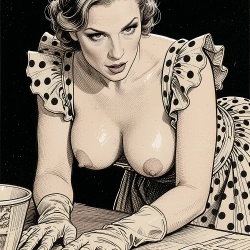 (Line art:2), (monochrome sepia ink drawing, no other color:2), (black and white:2), black background., 1woman, solo, (a highly detailed extreme close-up drawing of the downblouke of a slutty 1950s housewife:1.2), View from front and slightly below, focusing on the downblouse and cleavage of a magnificent 35yo, erect conical nipples, She is bending forward over kitchen table toward the viewer, her back is nearly horizontal, frilly dress with polka dots that is too wide on top, (downblouse:2), view on stunning sagging torpedo tits, small areolas, The woman's ellbows are resting on the kitchen table, pouting glossy lips, (toned arms), rubber gloves, stylized sepia ink drawing, pen and ink technique, with cross-hatching and line work. Style of Stramaglia. Style of Bruno LeCoq. Style of Gotha. Drawn using line drawing and cross-hatching techniques to create volume, depth, and shadows. Drawn on textured paper. Fine lines and shading are visible throughout the drawing. Pen and ink style. Fine marine ink, fine pen and ink lines, surgical precision strokes in the fine details and firmness in the details of the thicker lines. Precise pen shading, ink drawing.