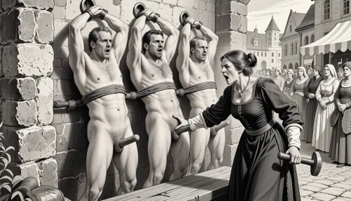 This is a monochromatic pencil sketch in a classical illustrative style depicting a scene set in an german medieval marketplace, stonewall on left side of image, 3 naked men are bound to the wall, men are 30+, men have different faces, men look very shocked, not athletic, men are slightly overweight, the men are standing on a wooden riser, men are next to each other, both hands over the head, arms straigh up, cuffs on their wrists, cuffs bound to rings in the wall, men have visible penises, men have straight erections, 1 female medieval judge is grabbinb testicles of one man with her hand, man with grabbed testicles screams in pain, female judge is 45 years old, female judge is very angry, female judge is holding a hammer in the other hand. medieval female townsfolk in the background watching in anticipation, townsfolk only women

The overall style is a black and white pencil sketch, capturing a candid moment. The scene has a brutal, dark atmosphere. The overall mood is intense, expressive line work and subtle shading, evoking the style of 1900s satirical or moralistic illustrations.