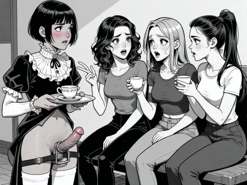 A black-and-white comic panel in a bold, expressive cartoon style, depicting three women and one man in a dramatic social interaction. On the left, a man with short, dark, bobbed hair and a frilly, high-collared dress stands with a blush on his cheeks, holding a tea tray, looking embarrassed and flustered. He is naked from the waist down. he has a penis with an errection. The penis is locked in a small chastity cage. To his right, three women are seated on a bench, engaged in animated conversation, each holding a teacup. They have varied hairstyles—wavy, straight, and ponytailed—and wear casual tops and pants. Their expressions range from amused to judgmental, with exaggerated features and wide eyes. The lighting is flat and graphic, typical of comic art, with strong black outlines and minimal shading. The background is a simple, unadorned interior with a plain wall and floor, keeping focus on the characters. The overall composition is dynamic, with characters leaning in and gesturing, creating a sense of tension and gossip.