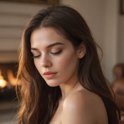 Hyper-realistic cinematic photograph, 8k, close-up, beautiful young nude woman with very long hair, closed eyes, (from behind1:1.1), (a simple modern fireplace with a large roaring fire), (deep red and orange:1.1), (deep shadows in the corners:.8), warm soft light flooding the room, cosy interior, Dramatic lighting, Canon EOS R5, 35mm, f/1.8