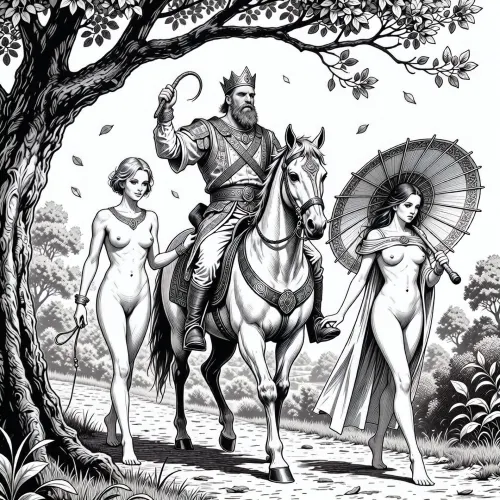A detailed black-and-white line art illustration depicts a medieval or fantasy scene featuring three figures in a natural outdoor setting. At the center, a bearded man with a crown or headpiece rides a horse, dressed in period-style clothing with layered garments and a sash, holding a small whip in his raised hand. To his left, a nude woman walks beside the horse, holding its lead rope, with a gentle smile and short, styled hair. To the right, another nude woman stands holding a large, ornate parasol, her long hair flowing and her gaze directed downward. The composition is balanced, with the figures arranged along a dirt path under a large, leafy tree, its branches extending into the frame. Leaves and small shapes drift through the air, suggesting a light breeze. The background includes foliage and a soft, natural landscape. The artwork is rendered in a precise, high-contrast ink style with fine linework and cross-hatching for shading, creating depth and texture. The lighting appears natural and diffused, enhancing the illustrative quality. The overall mood is narrative and whimsical, with a strong emphasis on detailed character design and expressive posture.