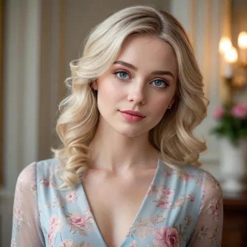 Ultra-realistic portrait of a young elegant woman with medium-length platinum blonde hair softly curled at the ends, fair smooth skin, and light blue-violet eyes. She has delicate feminine facial features, subtle natural makeup, soft pink lips, rosy cheeks, and a graceful sophisticated expression. Wearing a long-sleeve floral patterned dress with a classy feminine style and moderate neckline. Luxurious bright interior background with warm golden details, cinematic atmosphere, soft natural lighting, shallow depth of field, timeless beauty aesthetic, highly detailed skin texture, realistic eyes, professional fashion photography, ultra realistic, 8k.
Realsit skyn
