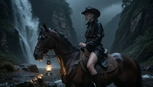 ultra photorealistic cinematic night scene in an almost completely black wilderness, a violent storm raging through steep cliffs and dense fog, a sexy female rider, 29 years old, (moves slowly along a narrow wet rock ledge while riding directly through the falling water of a massive waterfall:1.4), mist and spray, the sheer force of the waterfall visible in wave of vapor, thick fog and drifting mist filling the air and swallowing most of the environment in darkness, the only visible light source a tiny oil lamp hanging beneath her detailed hand, suspended by a small metal handle and swinging softly with the horse’s movement, its weak golden glow barely cutting through the darkness and rain, creating dramatic reflections on soaked leather, wet skin and dripping fabric, her wide brimmed cowboy hat saturated with water, rain running from the edges continuously, her high collared raincoat clinging heavily to her body, every texture rendered with extreme realism, soaked fabric fibers, scratched leather, tarnished buckles and wet horsehair visible in fine detail, her face illuminated only partially by the lamp, revealing sharp eyes, defined nose, wet lips and an intense calm expression with subtle restrained emotion, the horse muscular and tense beneath her, water streaming across its back and saddle, ultra dark low light atmosphere, deep blacks, cinematic contrast, analog 35mm film aesthetic, shallow depth of field, heavy film grain, raw mystical realism, masterpiece composition