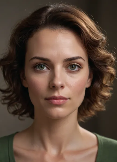 Ultra-realistic portrait of a mature European woman, 35yo, with a highly recognizable intellectual face, long vertical proportions, and expressive psychologically intense eyes. Face narrow and elongated, not wide or glamorous, with a slightly tired but deeply attentive appearance. High broad forehead, soft narrow jawline, relatively flat cheeks, understated cheekbones, small rounded chin. Overall facial structure feels vertical, compressed inward, thoughtful, realistic, academic rather than fashionable. Skin fair with neutral-warm undertones, natural texture, visible pores, faint under-eye creases, realistic nasolabial folds, authentic mature facial anatomy, no cosmetic perfection. Eyes are the defining feature, medium-sized hazel eyes with muted brown-green tones, slightly rounded center shape, heavy upper eyelids, low-set brows, focused observant gaze with emotional restraint. Eyes look analytical, introspective, psychologically perceptive, slightly melancholic. Outer eye corners only minimally lifted. Eyebrows medium-thick, natural, softly angular, positioned close to the eyes, enhancing the concentrated expression. Nose long, narrow, and straight with thin upper bridge and softly rounded tip. Nose length slightly dominant in facial proportions, creating strong central facial structure. Lips highly characteristic, noticeably thin upper lip and fuller lower lip, narrow mouth width, subtle downturned corners, restrained expression without smiling. Strong relationship between long nose, thin upper lip, and compact chin is essential to likeness. Hair is thick, naturally curly or heavily wavy, chestnut brown with soft auburn-copper undertones. Voluminous curls frame the face densely around temples and sides, creating a rounded silhouette around the head and emphasizing the eyes. Hair length between chin and shoulders, natural realistic styling, not salon-perfect. Expression calm, serious, observant, emotionally intelligent, slightly skeptical, with the presence of a university professor, psychologist, writer, documentary interviewer, or public intellectual. Photorealistic cinematic portrait, natural window light, 85mm lens look, shallow depth of field, realistic mature beauty, subtle asymmetry, highly detailed skin and facial structure, documentary photography aesthetic, no glamour makeup, no fashion-model proportions, no idealized symmetry, no exaggerated femininity.