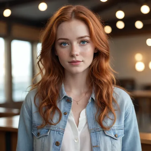 Ultra-realistic portrait of a young woman with extremely long copper-red wavy hair and bright blue eyes. She has very fair smooth skin, light freckles, soft delicate facial features, natural eyebrows, rosy cheeks, and a warm gentle smile. Wearing a casual modern outfit with a white oversized jacket, white top, and blue jeans, along with minimalist jewelry accessories. Cozy indoor arena background with cinematic bokeh lights, soft warm lighting, youthful and friendly vibe, natural beauty aesthetic, highly detailed eyes and hair strands, realistic skin texture, shallow depth of field, professional photography, ultra realistic, 8k.